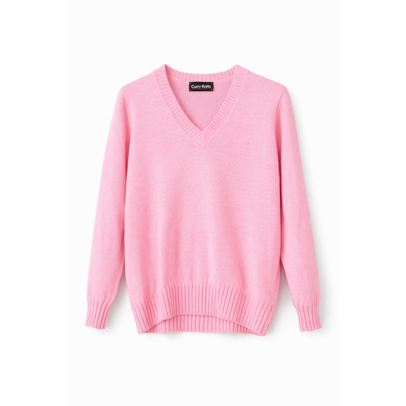 Curry Knits Sweaters - Curry Knits Pink V-Neck Sweater Womens Long Sleeve Ribbed Knit Pullover